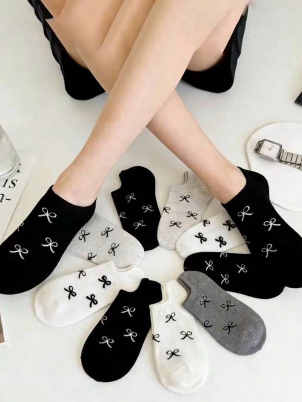 Juicy Couture No-Show 10 pack Bow Socks - Black,Camel& Cream